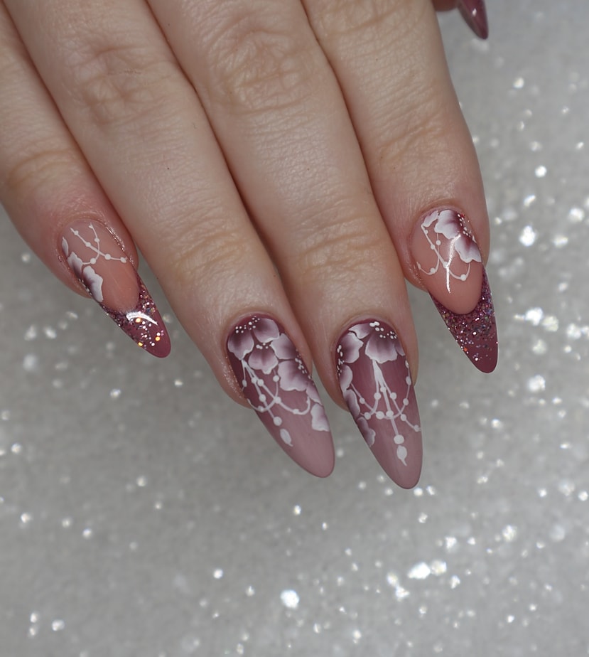 Gorgeous Ruby Ombre with Flowers | One Stroke Nail Art | Press On Nails -  Get Press On Nails