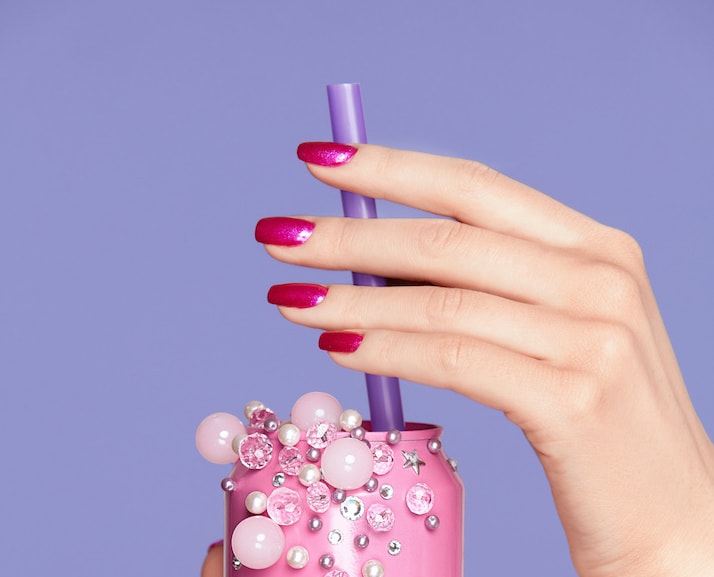 Pink Nails. Woman With Soda Can In Hands