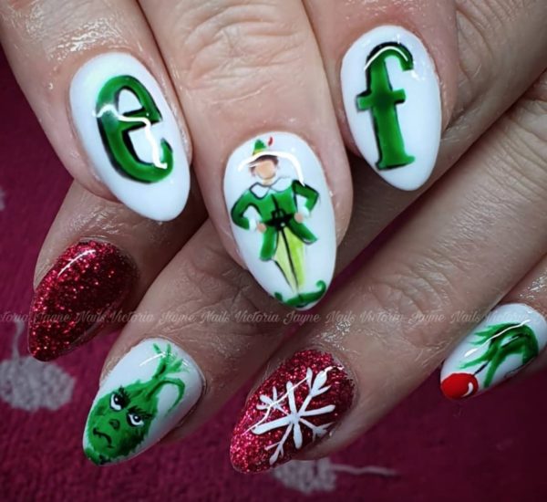 Elf and The Grinch nail combination by @victoriajaynenails