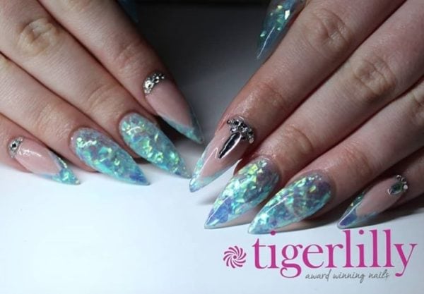 The team at Tigerlilly Nails created this twinkling turquoise look