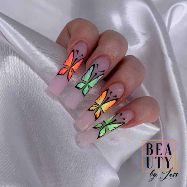 neon butterfly nails by jessica swinburn