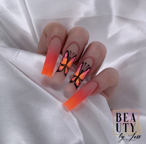 neon orange ombre butterfly nails by jessica swinburn