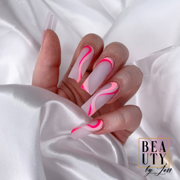 neon pink swirl nails by jessica swinburn