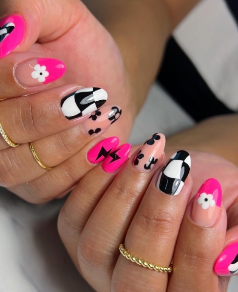 Katie Dutra Nails Neon Pink Black And White Mix And Match