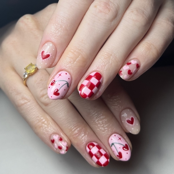 Kim Hearn Nails Pink And Red Check And Cherries