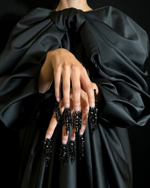 Embellished tassels on nails matched the earrings of Simone Rocha models. Nails were keyed by Ama Quashie. Image courtesy of @amaquashie