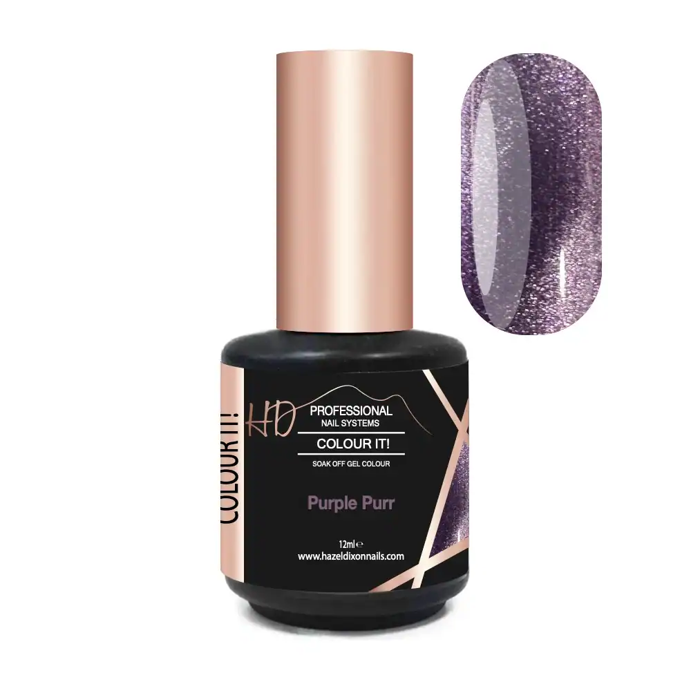 Purple Purr glitter gel nail polish bottle and swatch