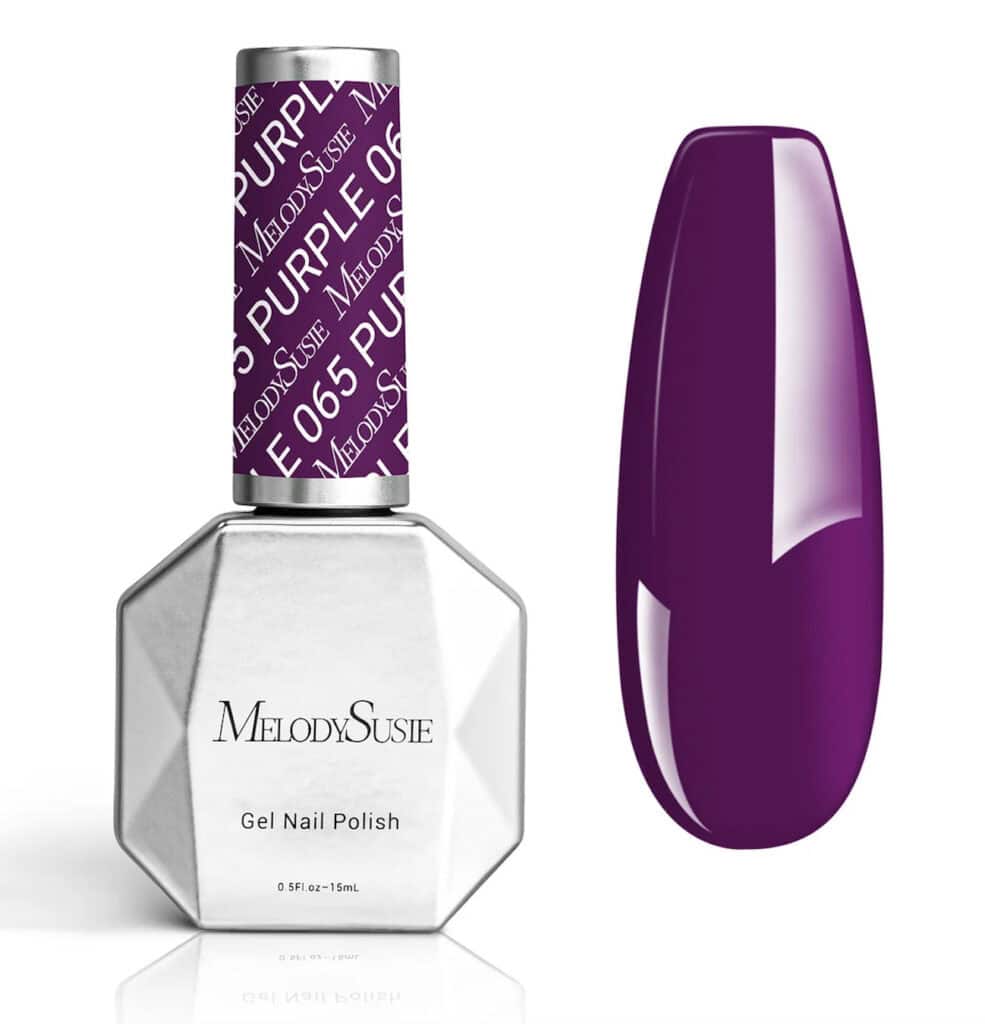 MelodySusie purple gel nail polish bottle and colour swatch