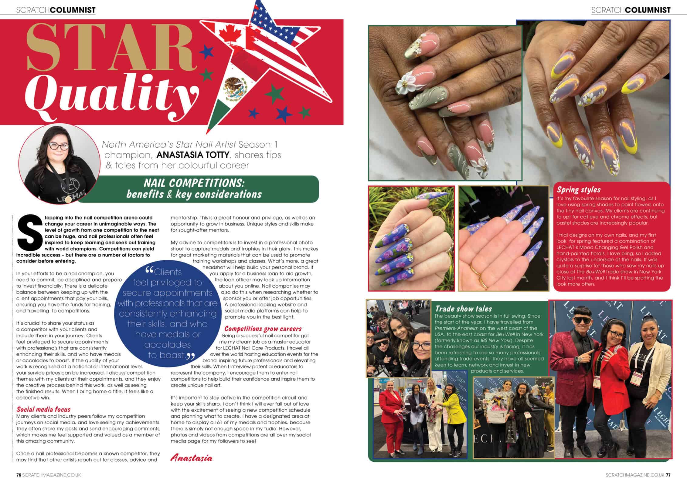 Magazine spread celebrating nail artist Anastasia Totty’s competition career