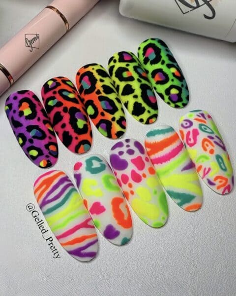 Neon leopard print and abstract patterned artificial nail tips