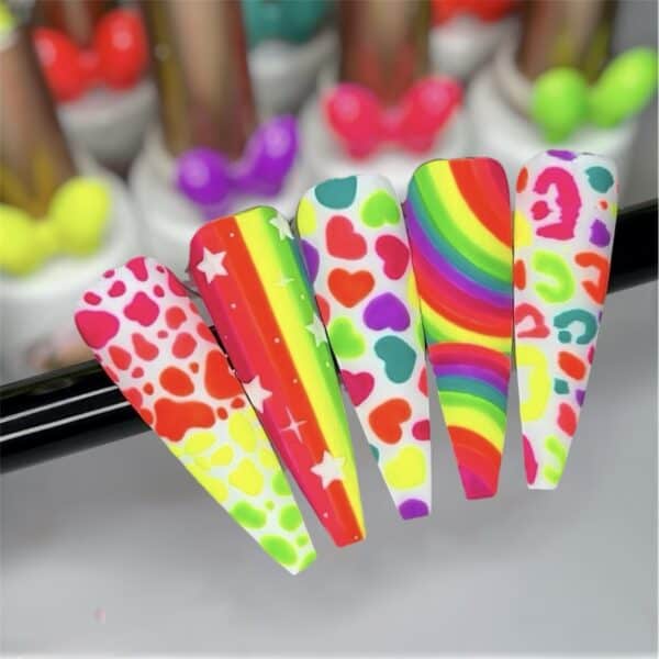 Five neon rainbow patterned coffin-shaped false nails