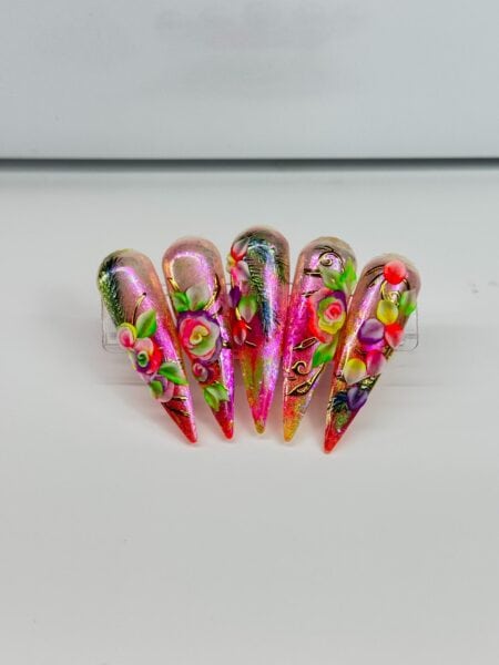 Five glittery floral stiletto false nails