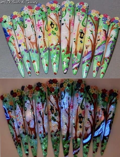Woodland fairytale stiletto nails with floral 3D decorations
