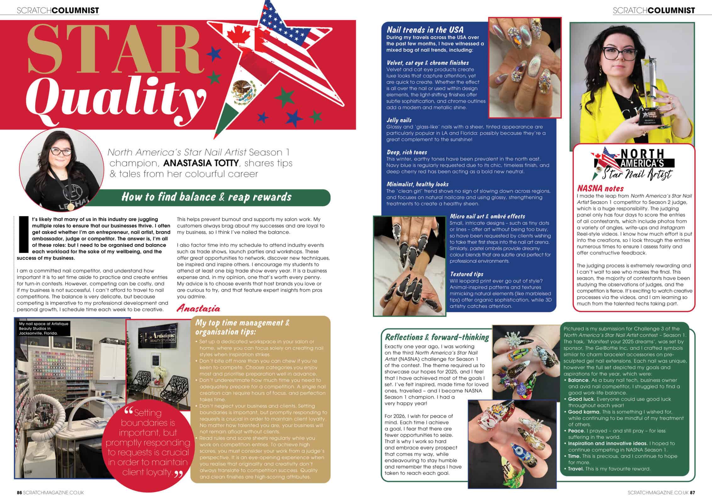 Magazine spread featuring nail artist Anastasia Totty and nail trends