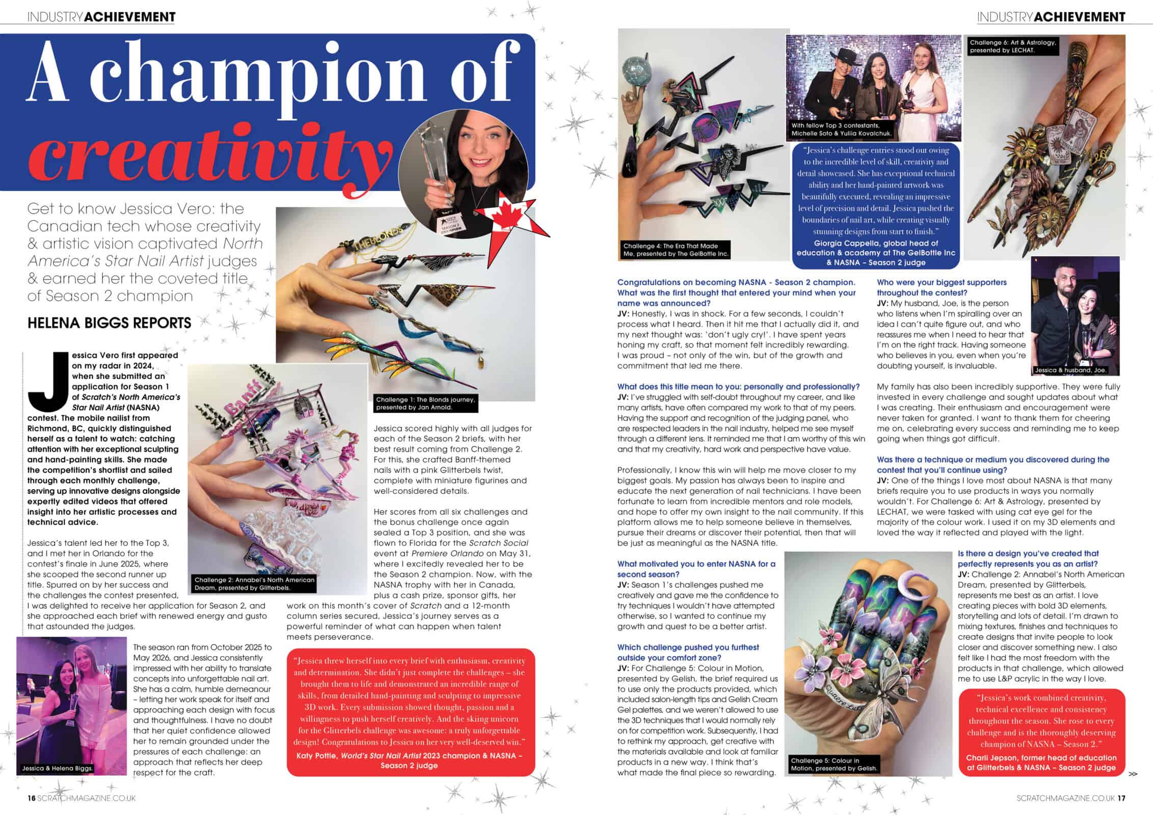Magazine spread celebrating nail artist Jessica Vero’s competition victory