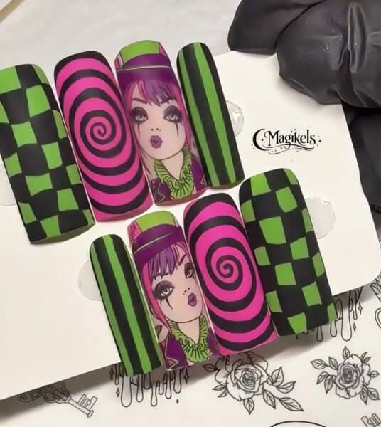 Neon green and pink gothic patterned nail art