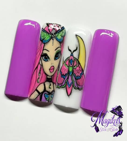 Purple nails with fairy, moth and crescent moon artwork