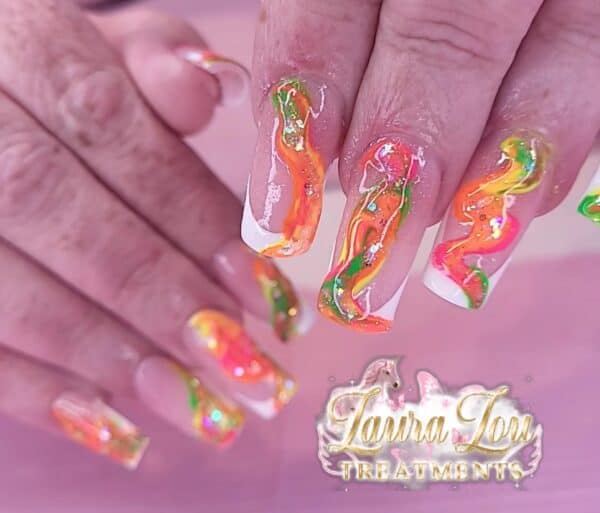Colourful abstract acrylic nail art with glitter