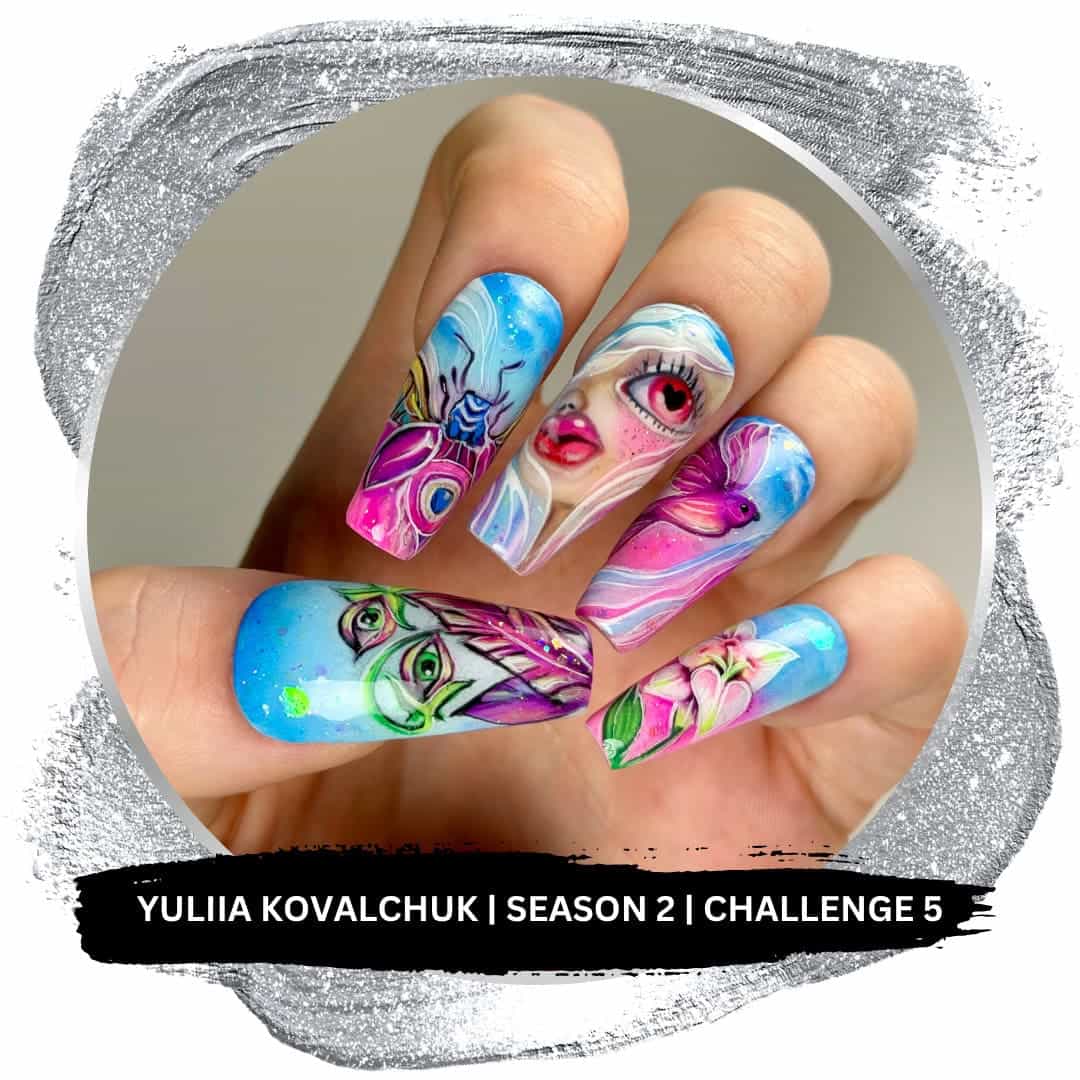 Hand with vibrant surreal floral nail art
