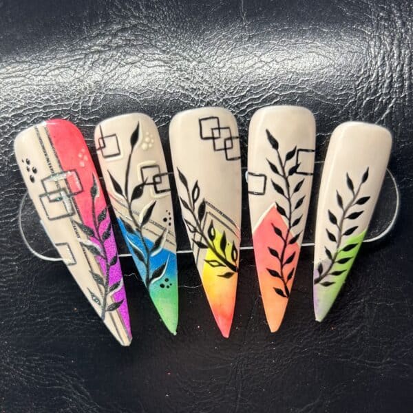 Colourful long nails with black botanical geometric designs