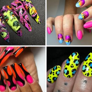 Collage of four vivid neon nail art designs