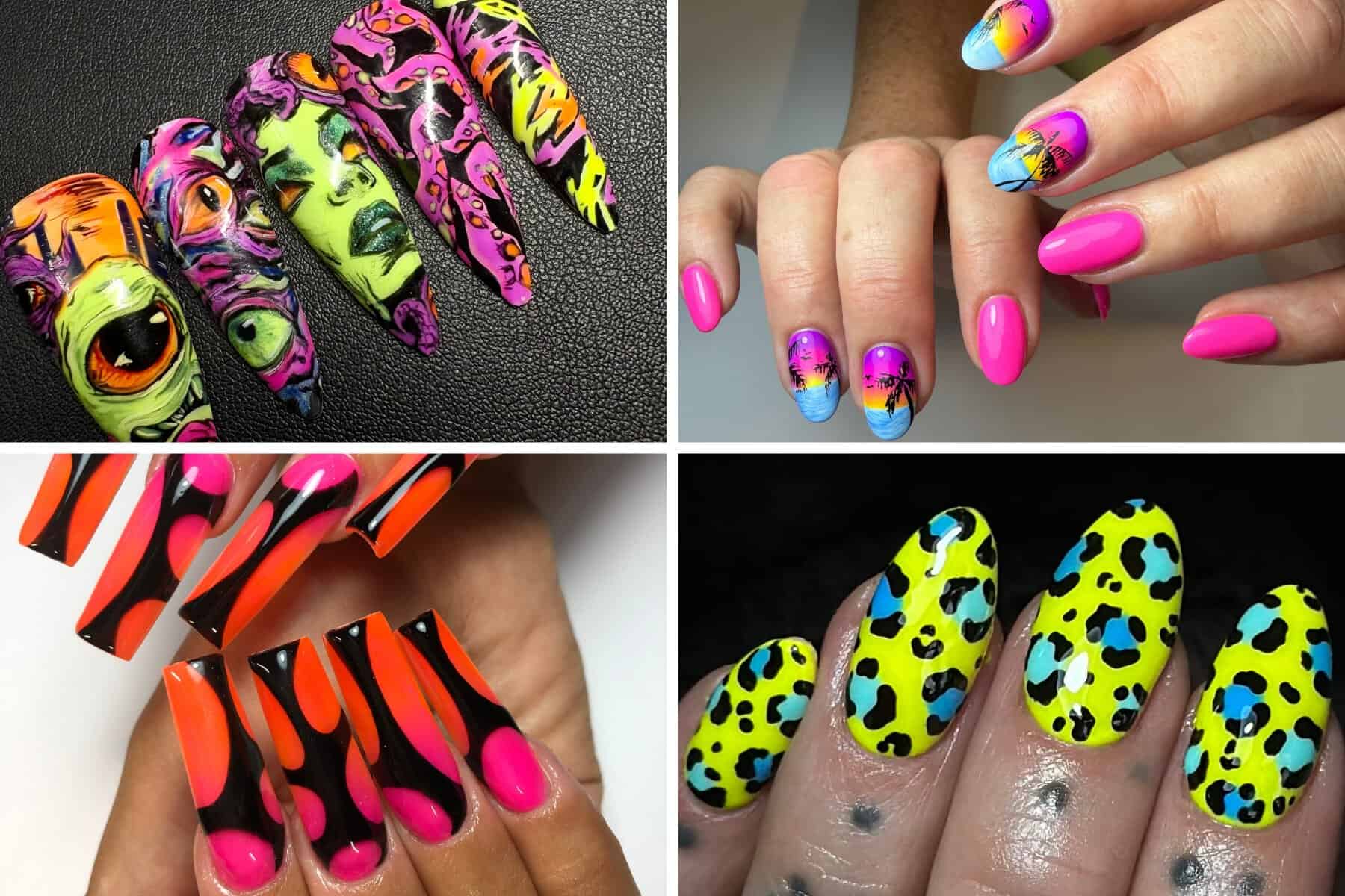 Collage of four vivid neon nail art designs