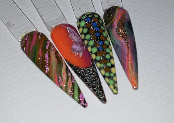 Four colourful glitter nail art samples