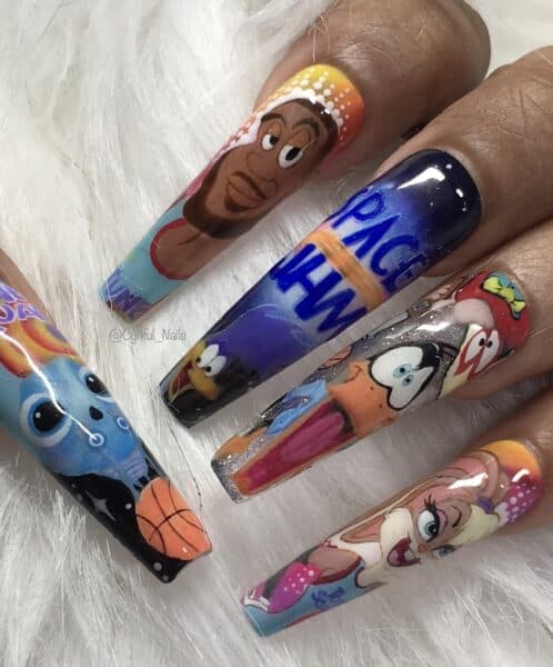 Colourful hand-painted cartoon character nail art