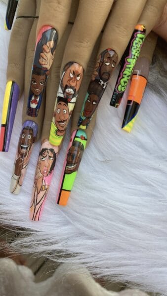 Colourful cartoon character nail art on long acrylic nails