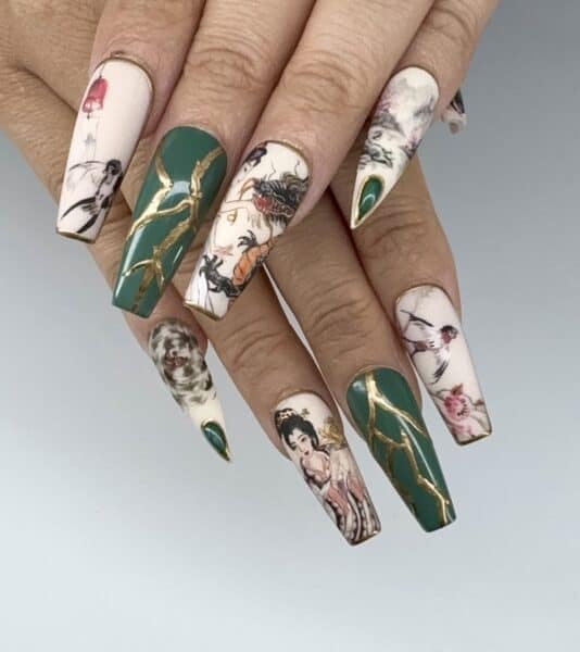 Long green and illustrated Asian-inspired nail art