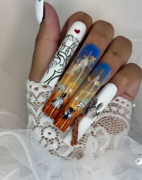 Romantic illustrated nail art on long acrylic nails