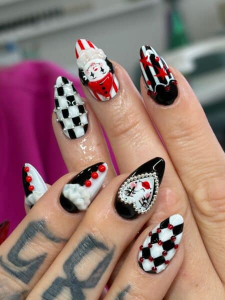 Black, white and red circus-themed nail art