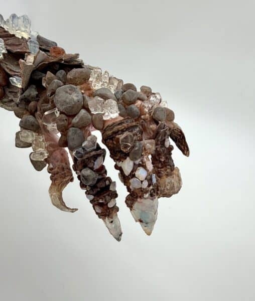 Crystal and pebble encrusted sculptural claw on white background