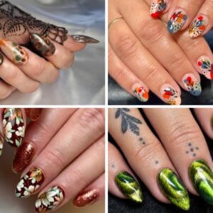 Collage of four autumn-inspired manicure designs