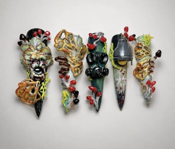 Five colourful surreal sculpted nail art pieces