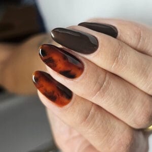 Hand with glossy tortoiseshell and dark brown manicure