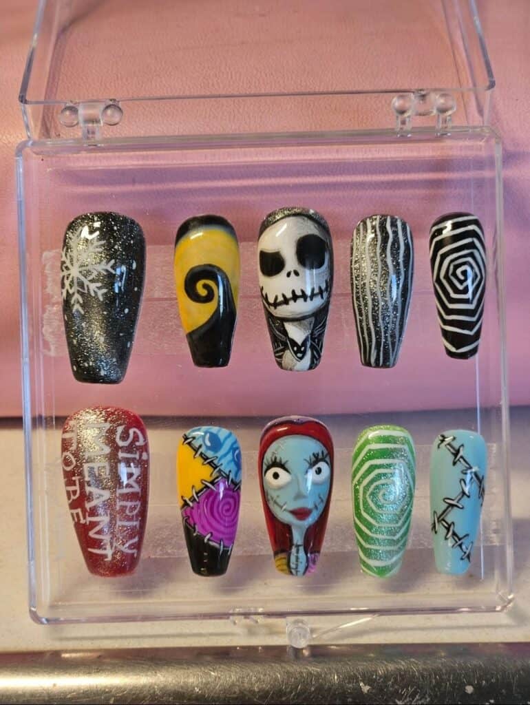 Nightmare Before Christmas themed painted false nail display