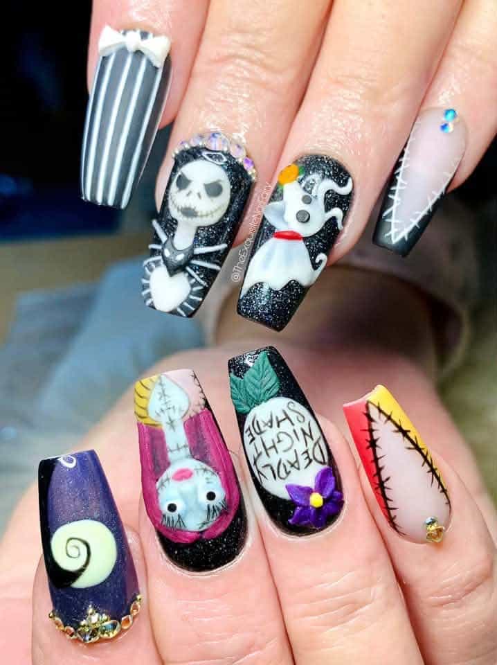 Nightmare Before Christmas themed 3D Halloween nail art