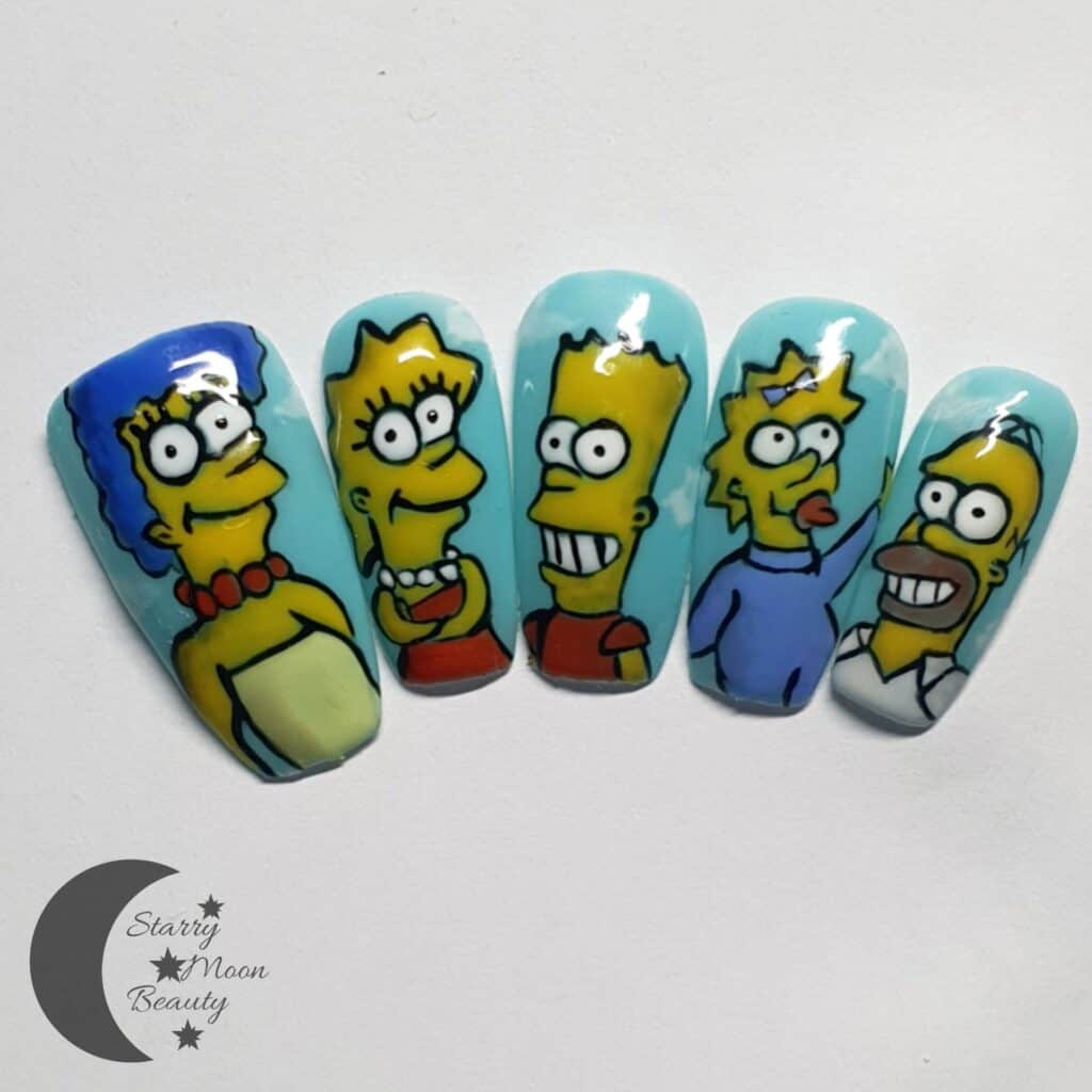 Turquoise nails featuring hand-painted Simpsons family portraits