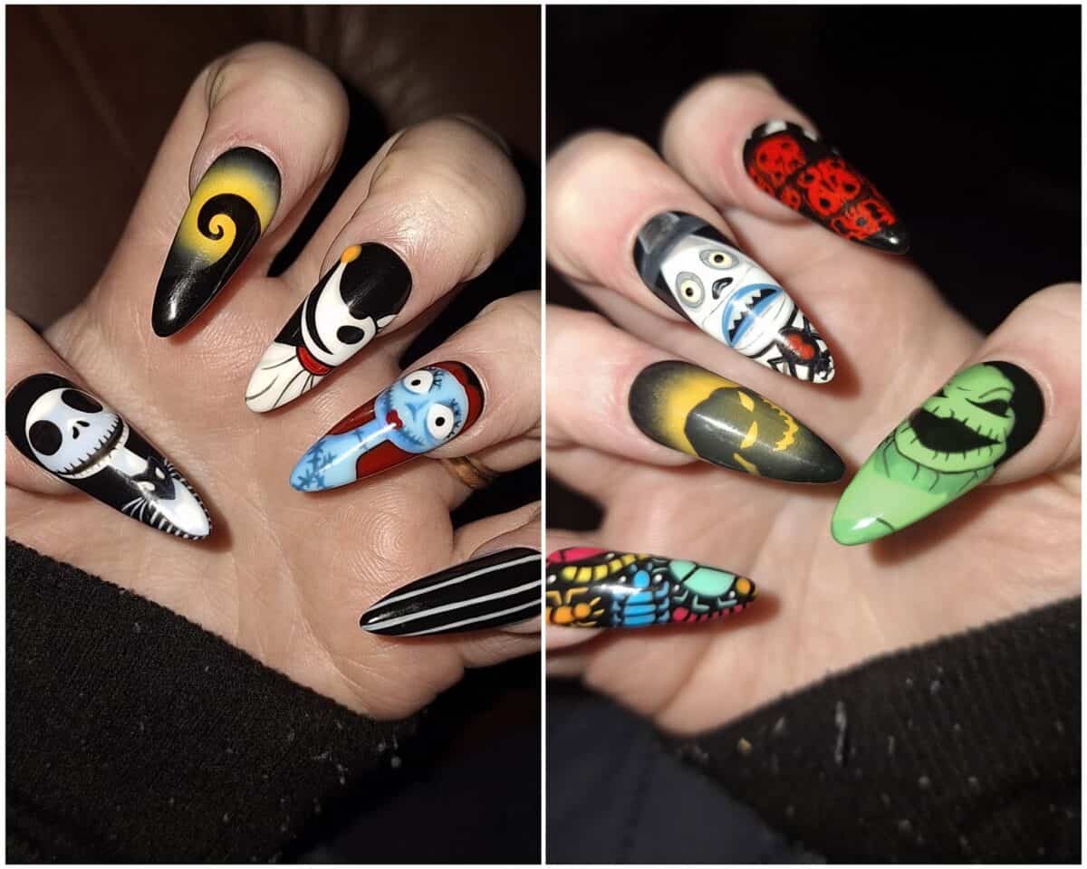 Nightmare Before Christmas character nail art on long nails
