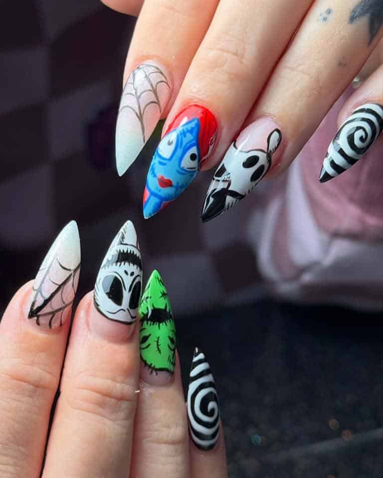 Nightmare Before Christmas themed stiletto nail art