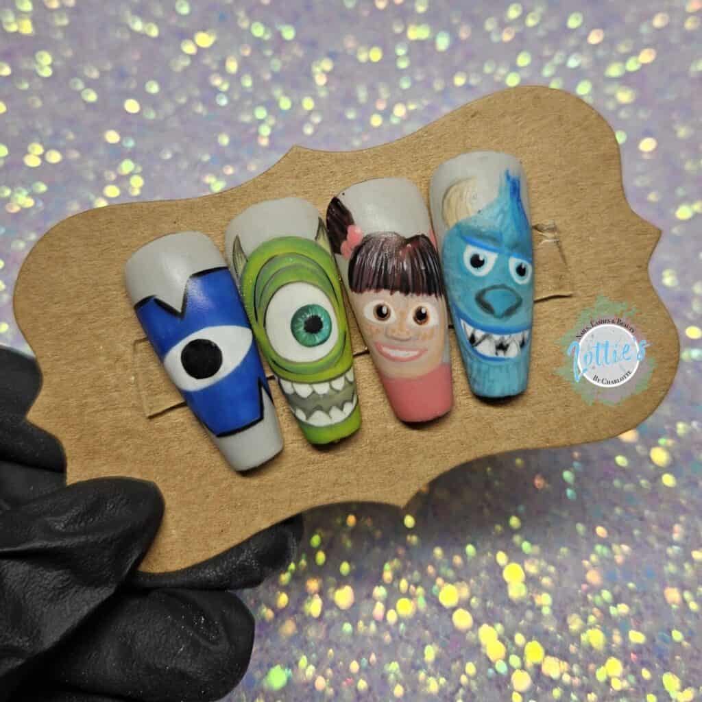 Hand-painted cartoon character nail art on four artificial nails