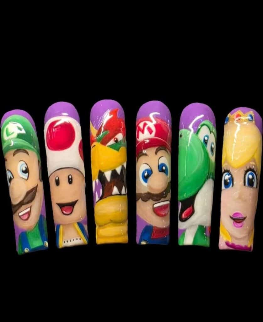 Super Mario character nail art featuring six colourful designs
