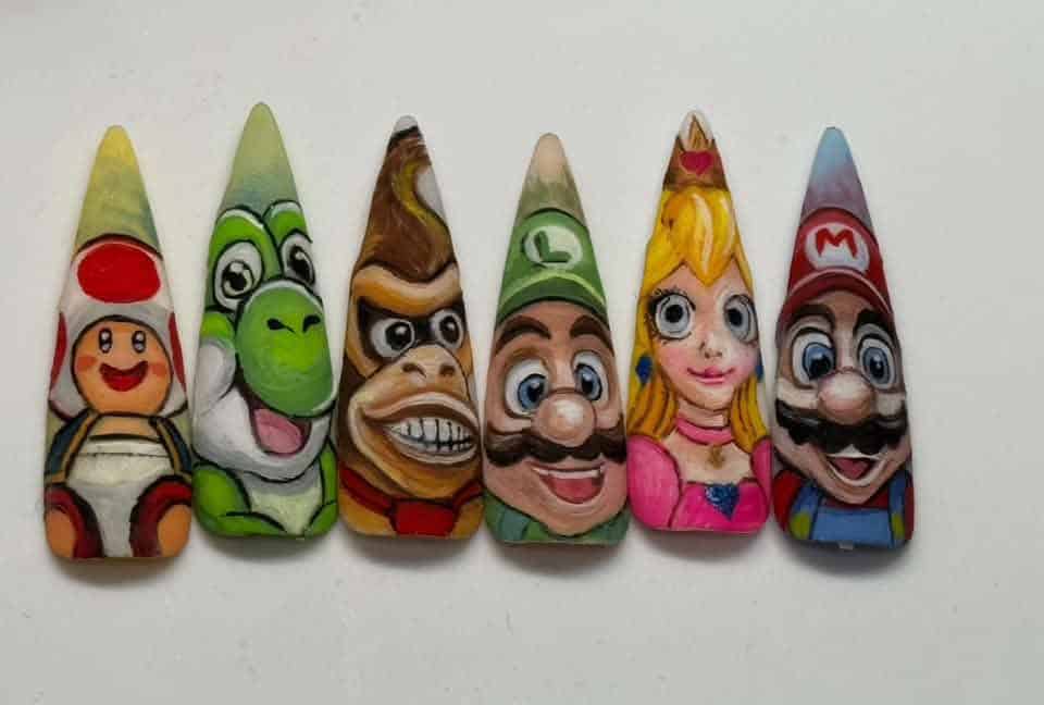 Six Super Mario character nail art designs