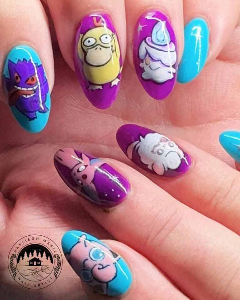 Colourful cartoon character nail art on turquoise and purple nails