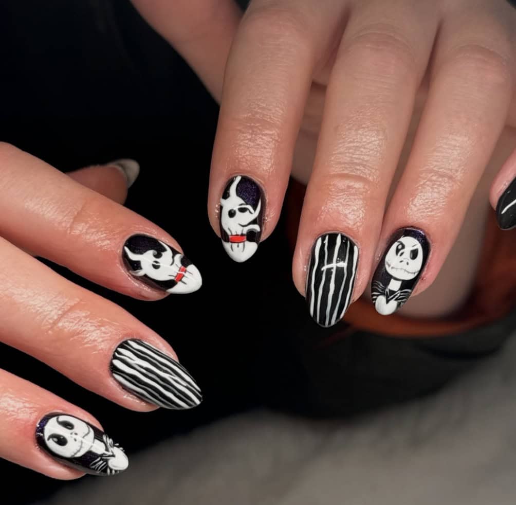 Black and white Nightmare Before Christmas character nail art