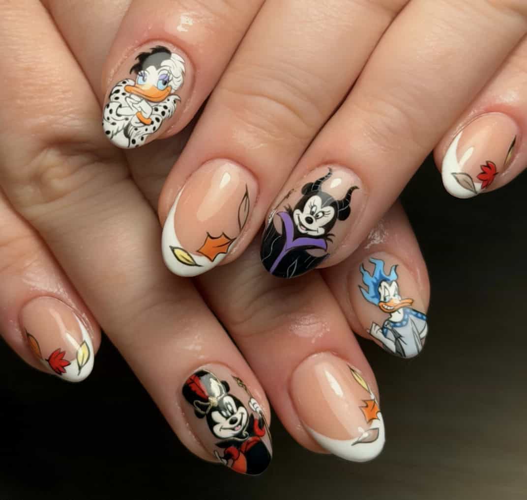 Disney villain and duck character nail art with autumn leaves