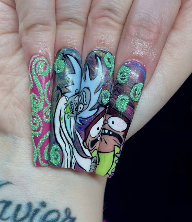 Colourful cartoon character nail art with glittery green swirls