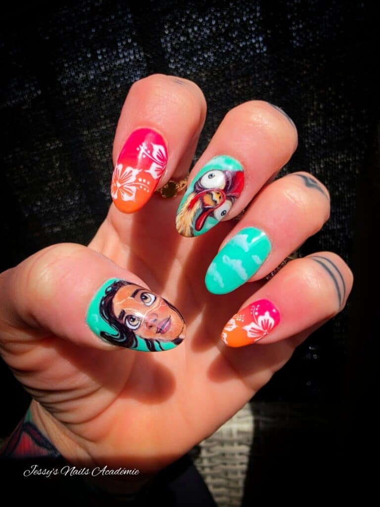 Colourful tropical nail art with portraits and hibiscus flowers