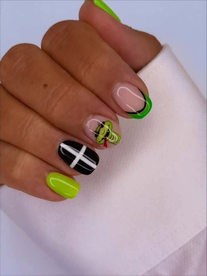 Neon green and black abstract nail art manicure